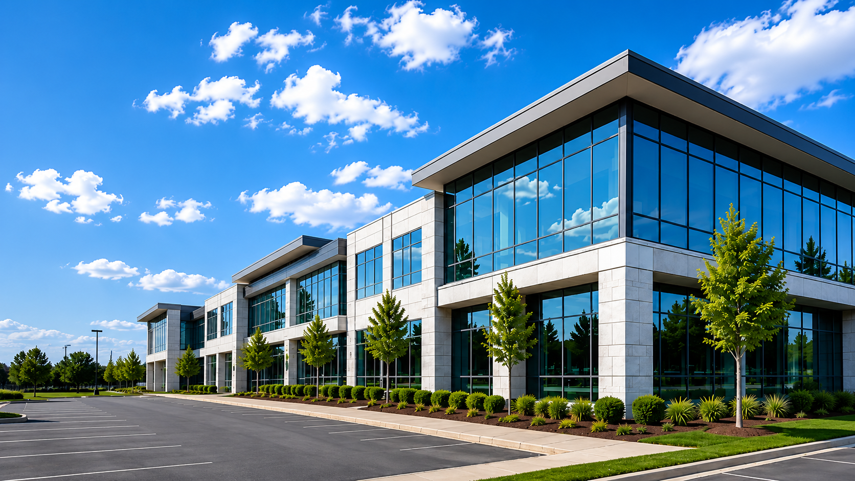 Corporate building with parking lot
