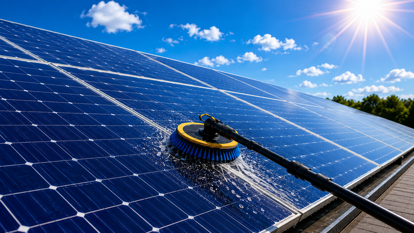 Cleaning solar panels under bright sunlight
