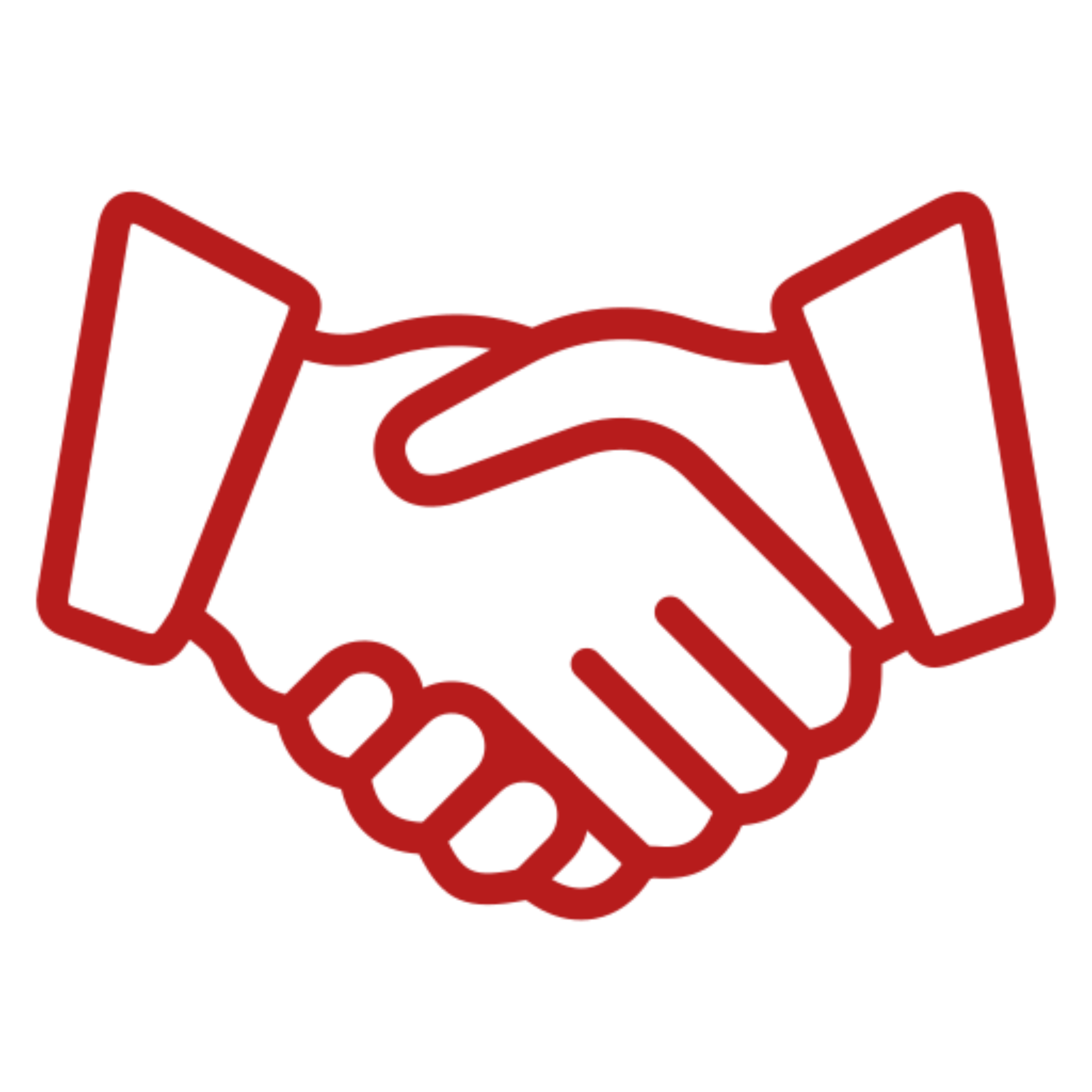 Red handshake symbol on dark backdrop.